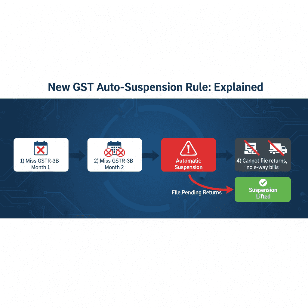 Flowchart showing how missing two consecutive GSTR-3B filings leads to automatic registration suspension and reactivation process