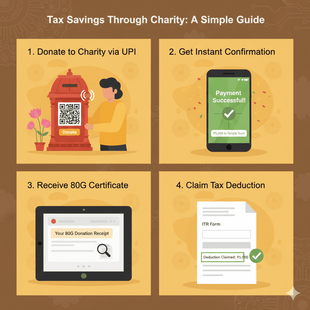 Four-panel illustration showing digital donation process QR code scan, UPI payment, 80G receipt email, and ITR deduction claim for tax benefits