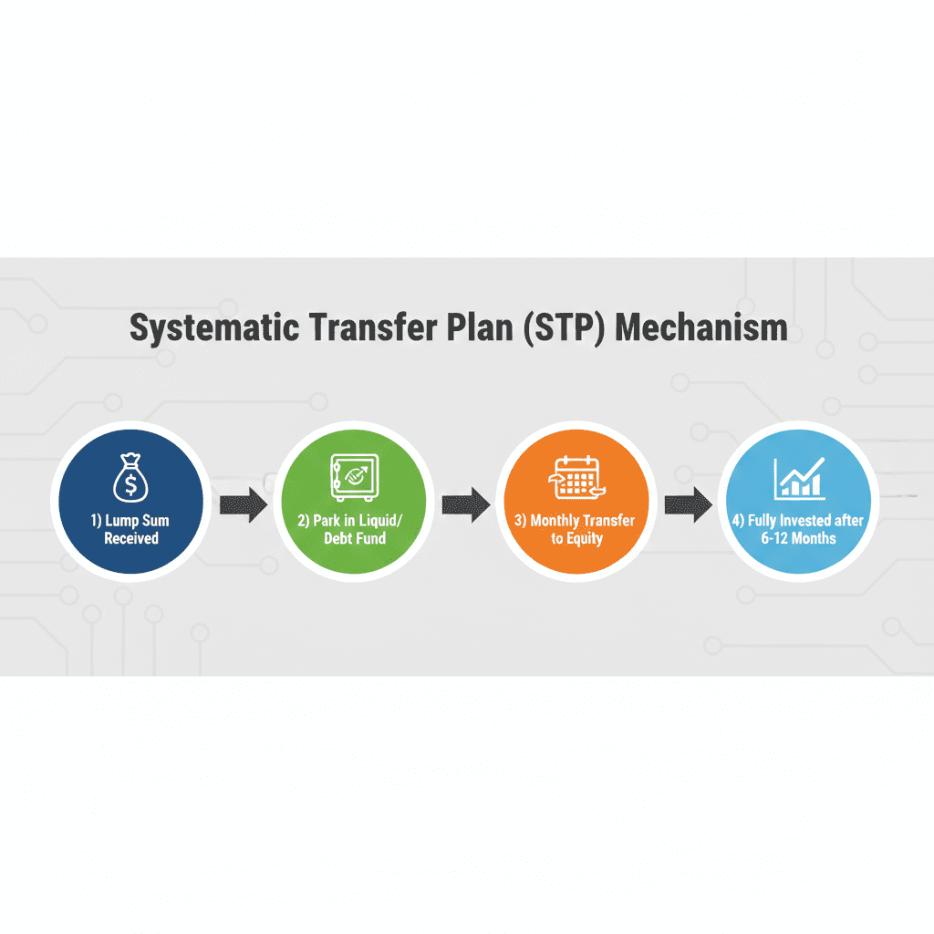 Four-step flowchart showing Systematic Transfer Plan process from lump sum receipt to gradual equity investment