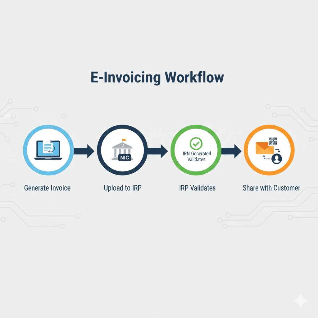 Four-step flowchart showing e-invoicing process from invoice generation to IRP validation and sharing with customer