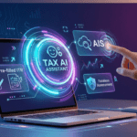 Futuristic 3D illustration of AI hologram displaying tax filing concepts like AIS and faceless assessment