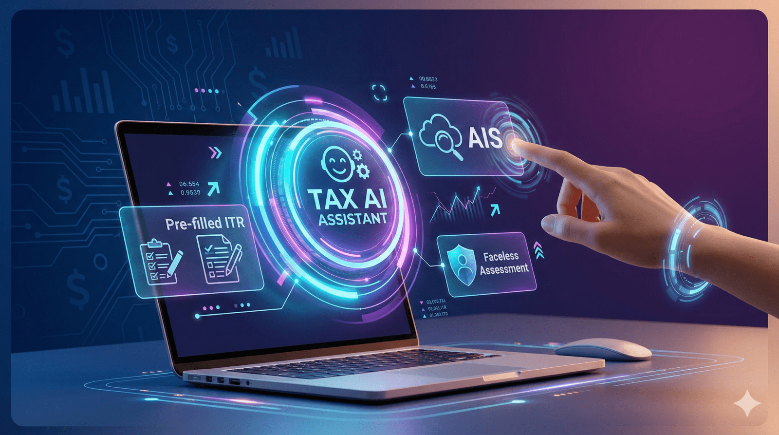 Futuristic 3D illustration of AI hologram displaying tax filing concepts like AIS and faceless assessment