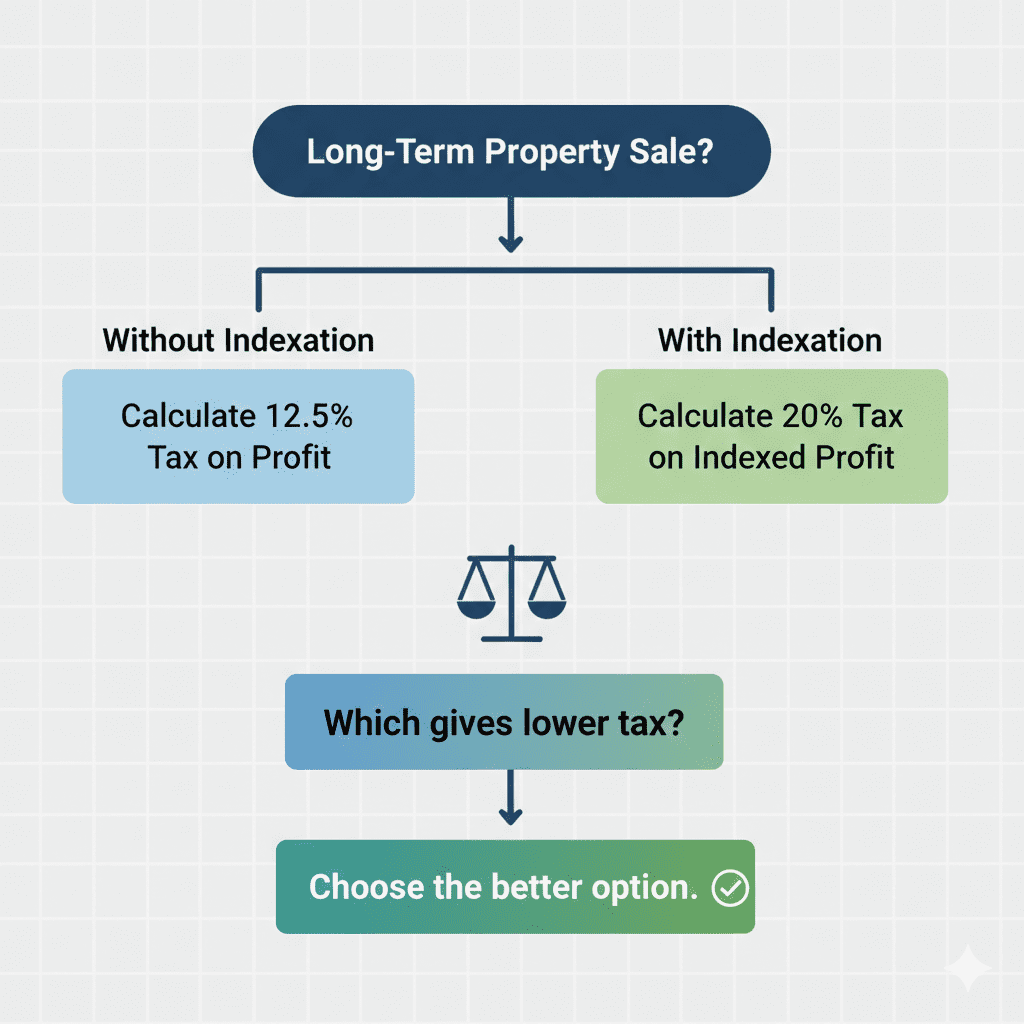 Decision tree flowchart helping property sellers choose between indexation at 20% tax and no indexation at 12.5% tax.