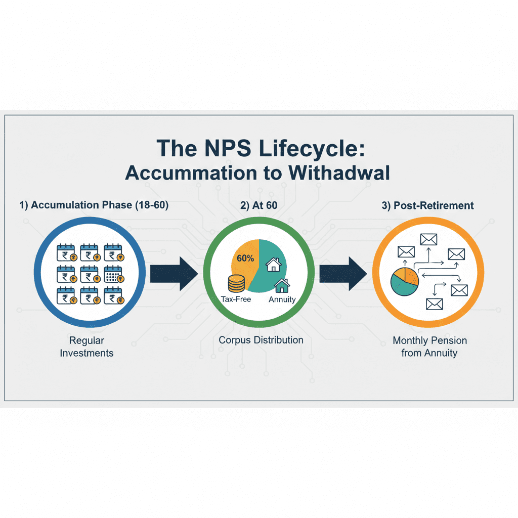 Three-stage lifecycle diagram showing NPS accumulation phase, maturity distribution at 60, and post-retirement annuity income