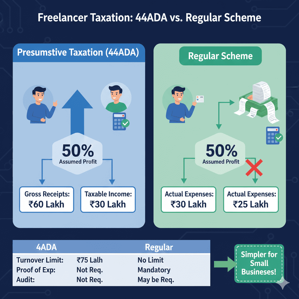 Infographic comparing presumptive taxation under Section 44ADA with regular expense deduction scheme for freelancers