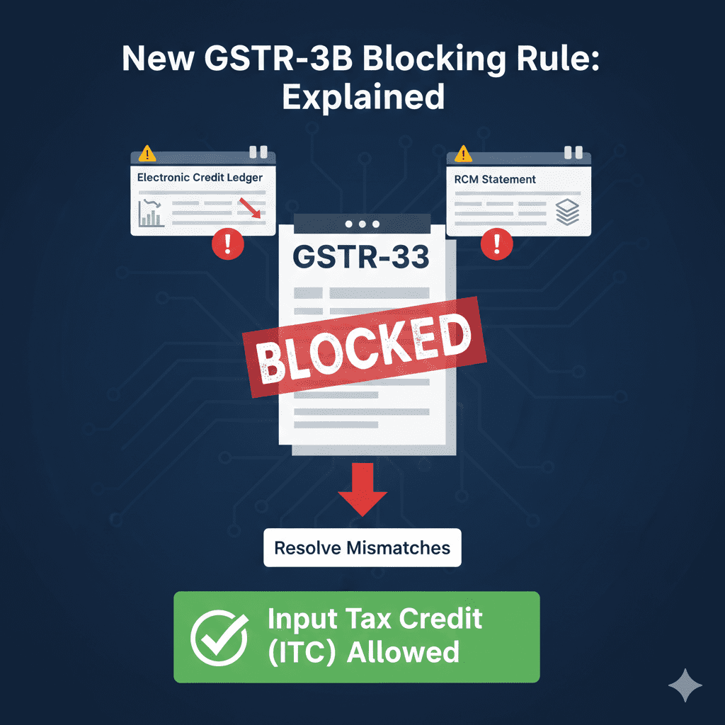 Infographic showing GSTR-3B filing blocked due to ledger mismatches with resolution path