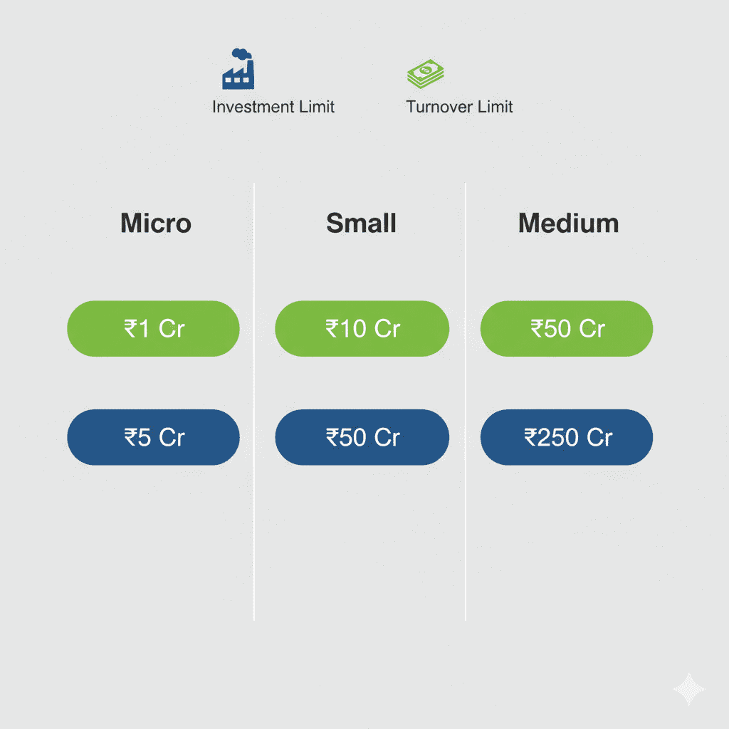 Infographic showing MSME classification for 2026 with investment and turnover limits for micro, small and medium enterprises