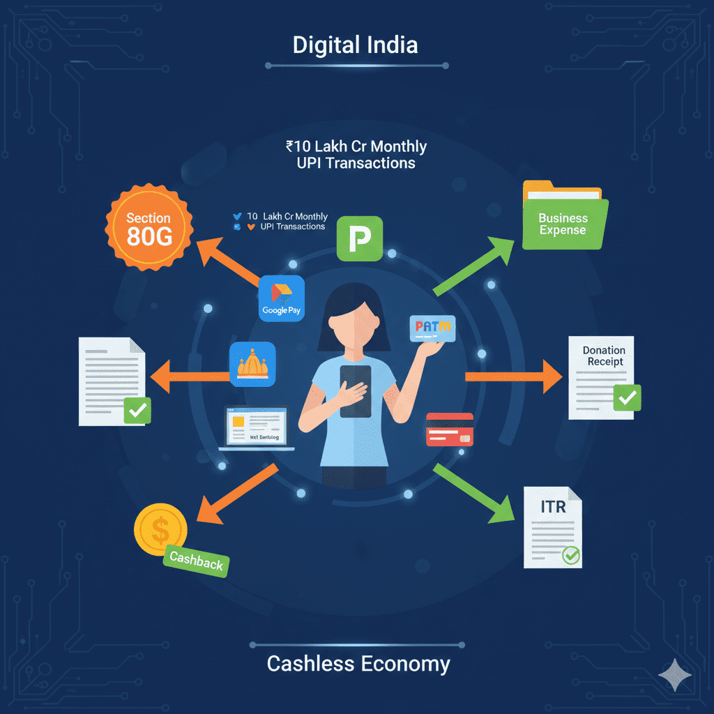 Infographic showing connection between UPI apps, credit cards, and net banking with tax benefits like Section 80G deductions and business expense tracking