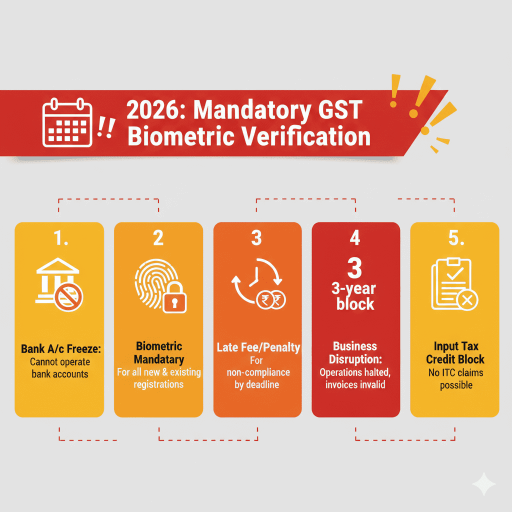 Infographic showing five critical GST rule changes from January 2026 including bank suspension, biometric verification and late fees