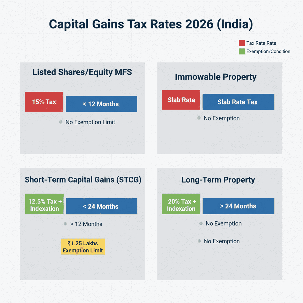 Infographic table comparing short-term and long-term capital gains tax rates for stocks and property in 2026.