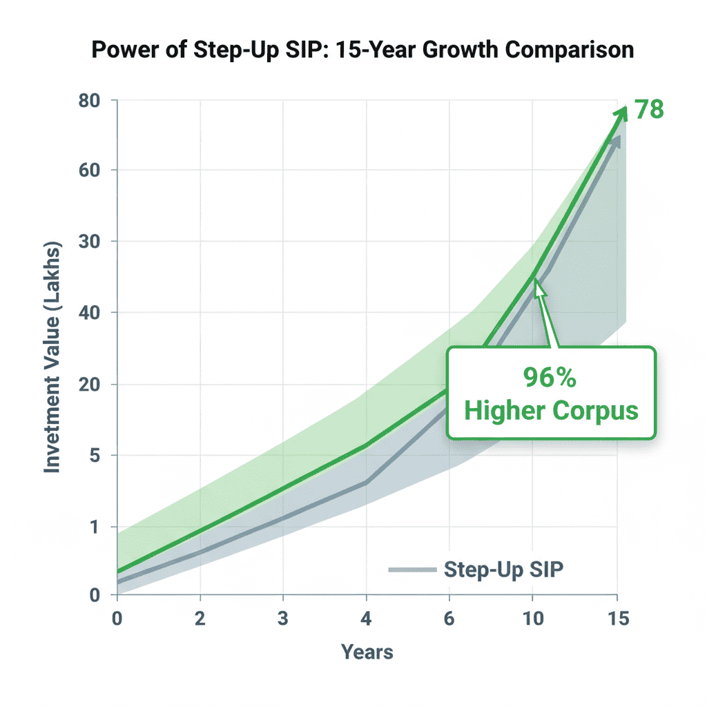 Line chart comparing fixed SIP versus step-up SIP growth over 15 years showing nearly double the corpus with annual increases