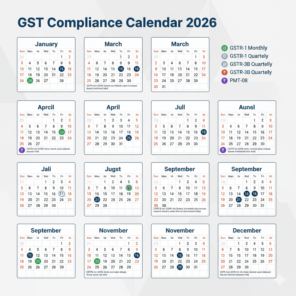 Monthly calendar infographic showing GST return due dates for GSTR-1, GSTR-3B and PMT-08 for 2026