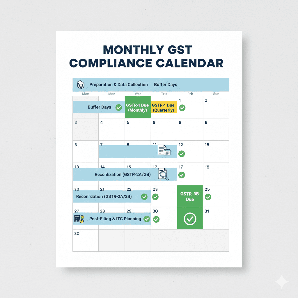 Monthly calendar infographic showing GST return due dates for GSTR-1 and GSTR-3B with preparation timeline