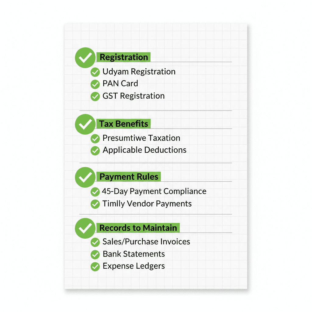 Organized checklist infographic showing MSME compliance requirements including registration, tax benefits and record maintenance