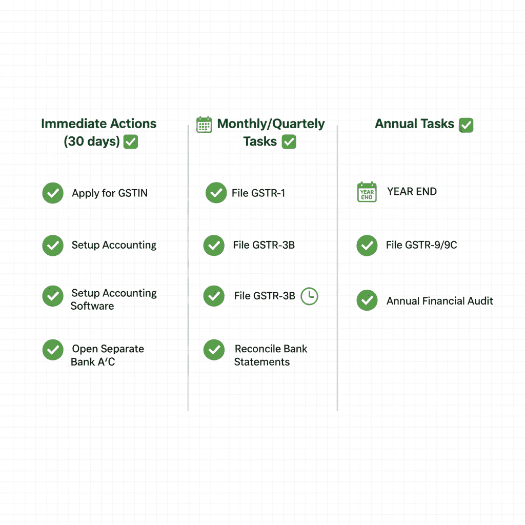 Organized checklist infographic showing post-GST registration compliance tasks divided into immediate, monthly and annual categories