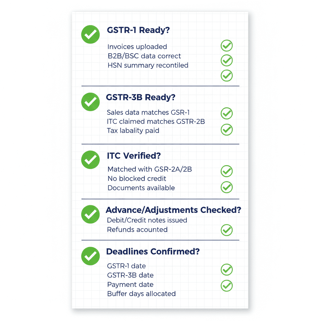 Organized checklist infographic showing pre-filing verification steps for GSTR-1 and GSTR-3B reconciliation