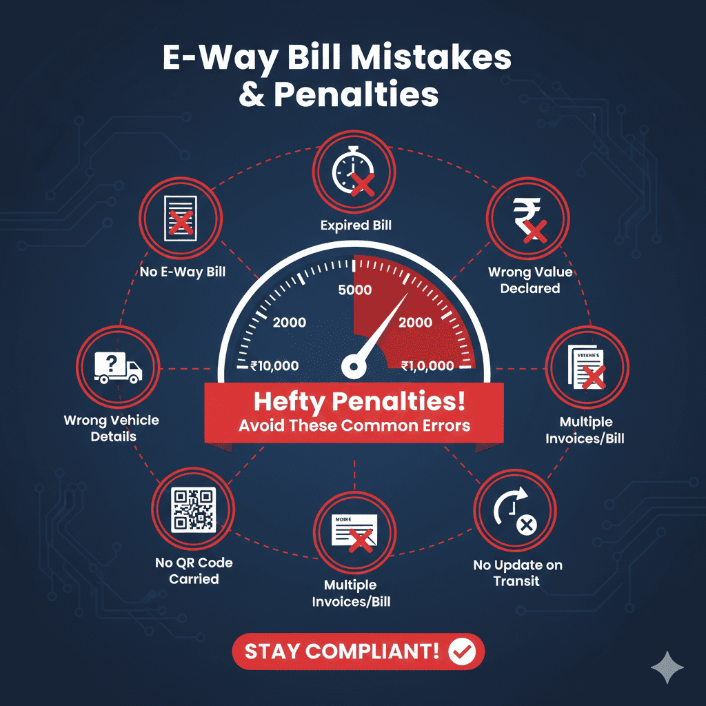 Penalty meter showing common e-way bill mistakes and potential penalties from ₹10,000 to over ₹90,000