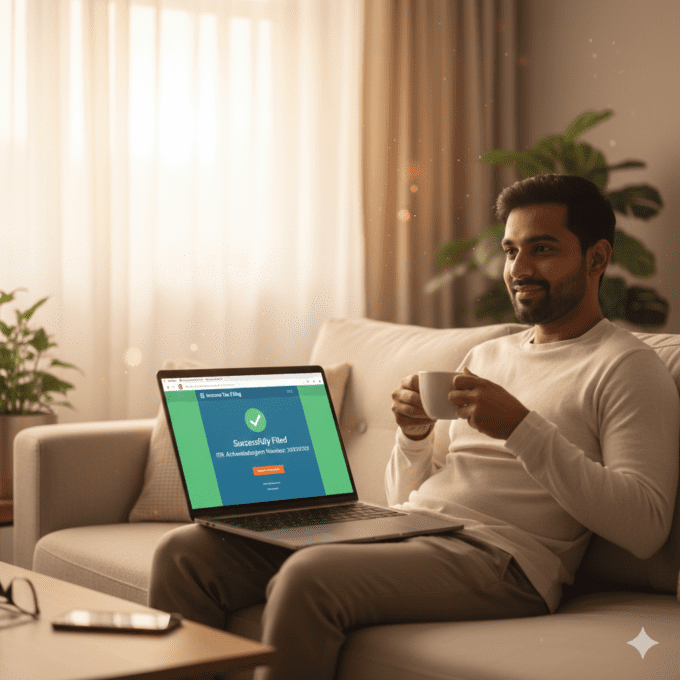 Person filing income tax return online from home on laptop with tea, showing successful submission