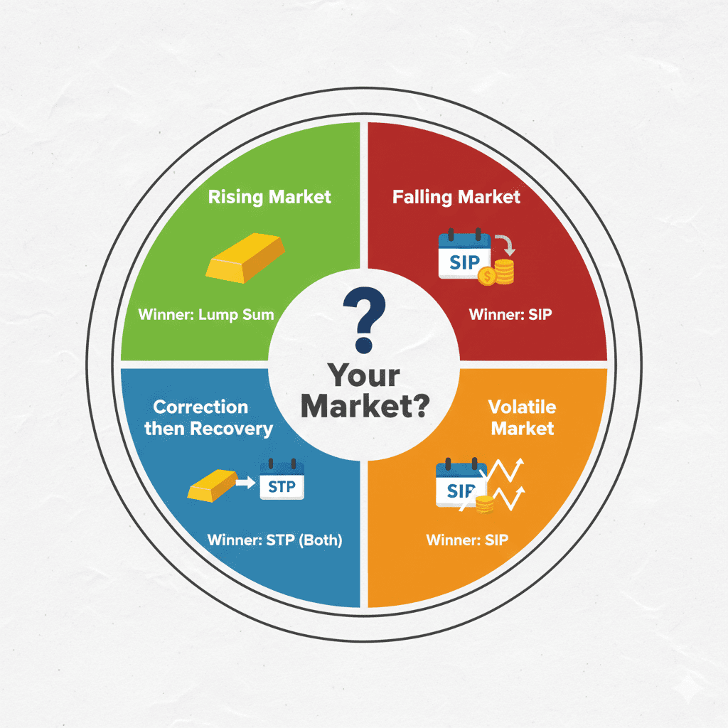 Quadrant infographic showing which investment method wins in rising, falling, volatile markets and after corrections