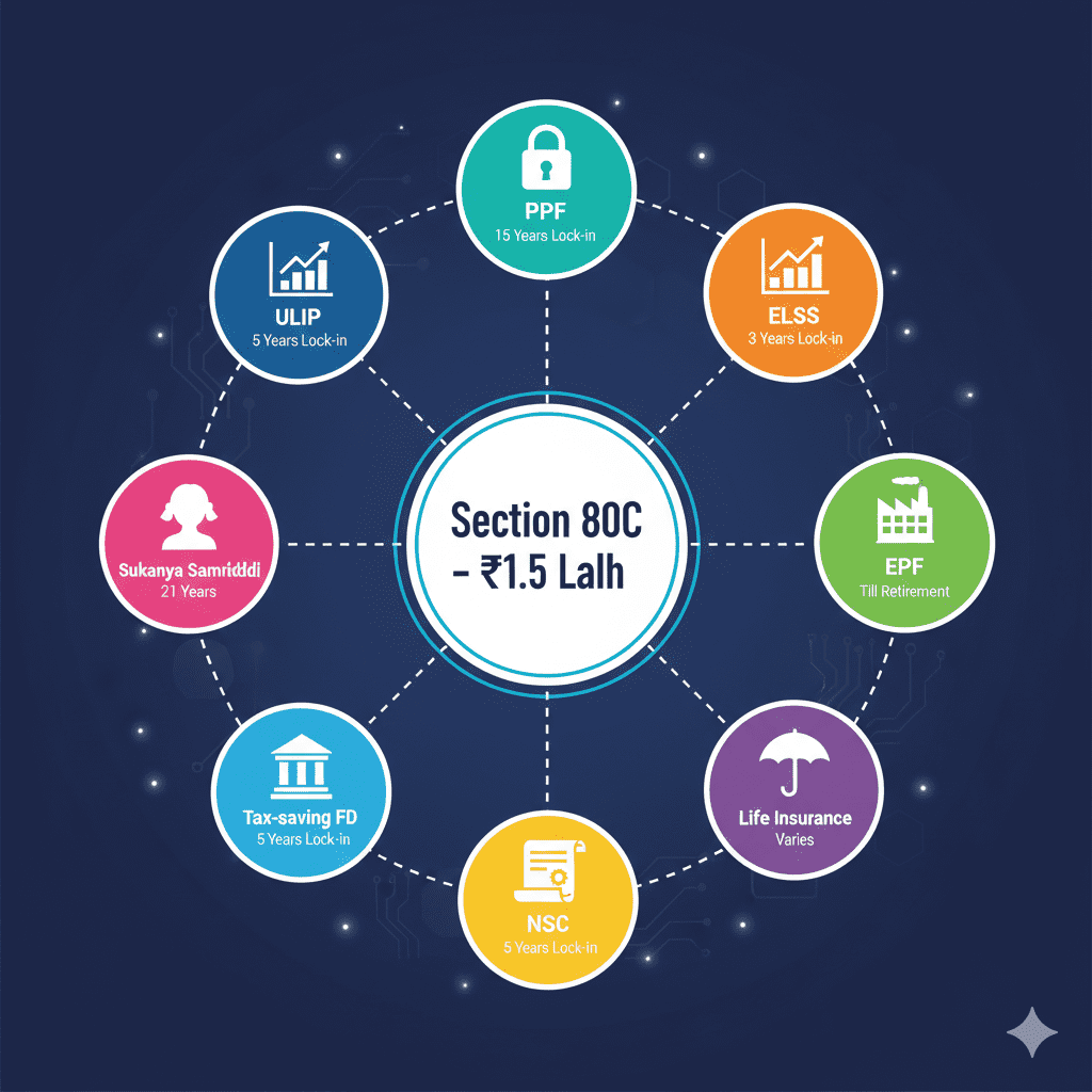 Radial infographic showing 80C investment options with lock-in periods for beginners