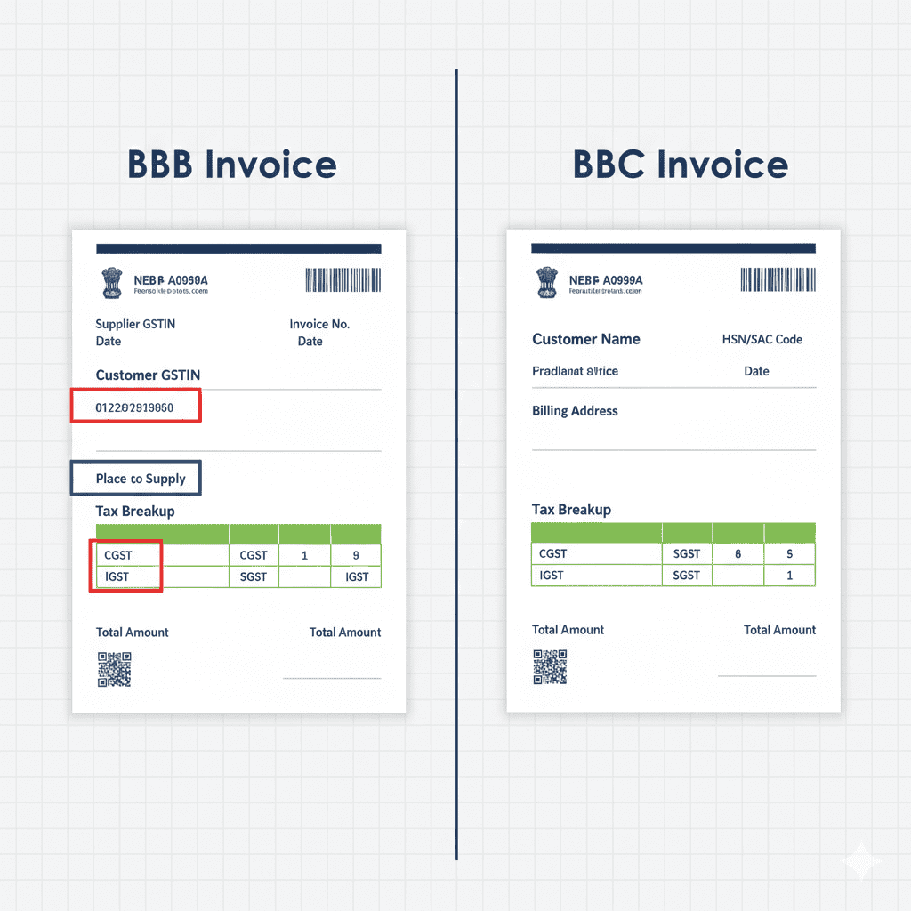 Side-by-side comparison of B2B and B2C GST invoice formats highlighting different mandatory fields for each