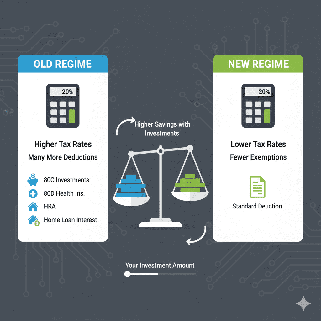 Side-by-side comparison of old and new tax regimes showing deductions impact on tax liability