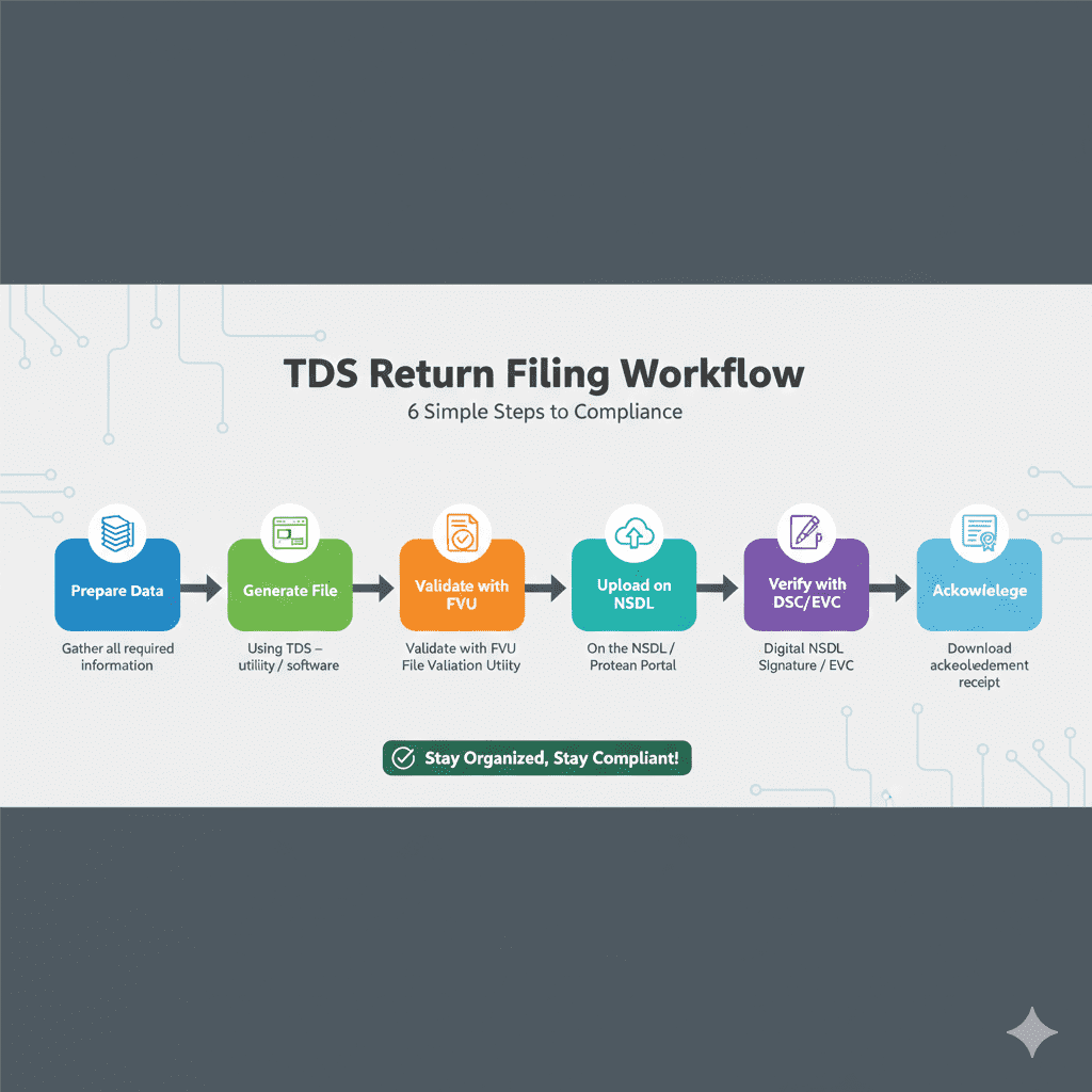 Six-step flowchart showing TDS return filing process from data preparation to verification and acknowledgement
