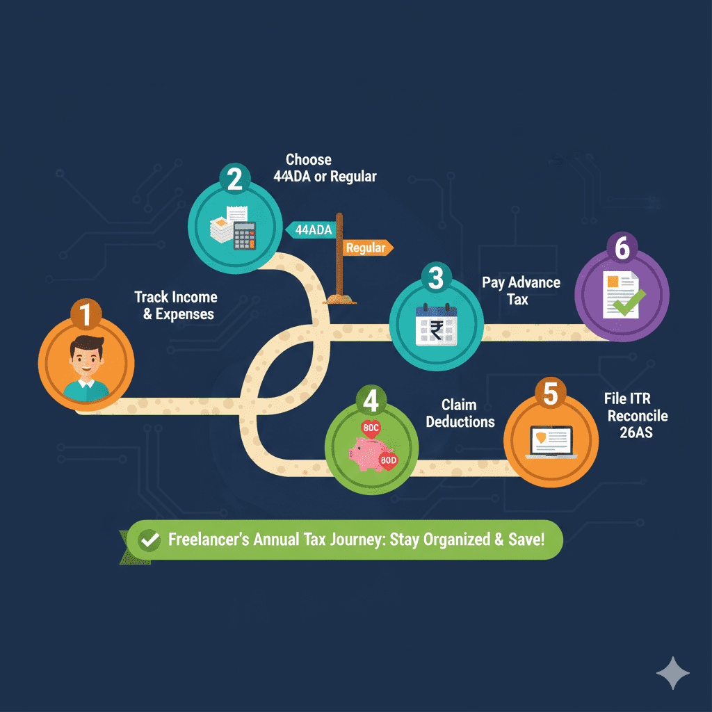 Six-step journey showing freelancer tax process from tracking income to filing ITR