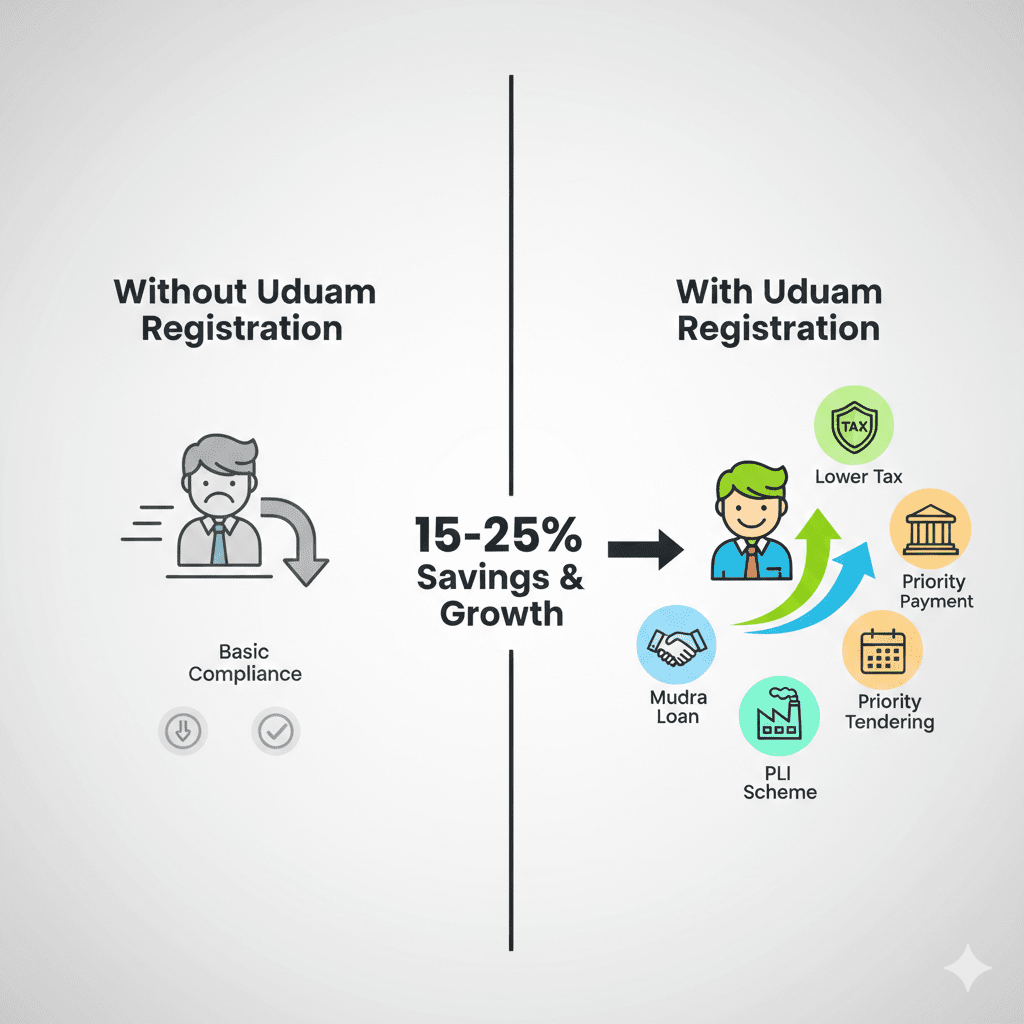 Split comparison showing MSME tax benefits available with and without Udyam registration, highlighting 15-25% savings