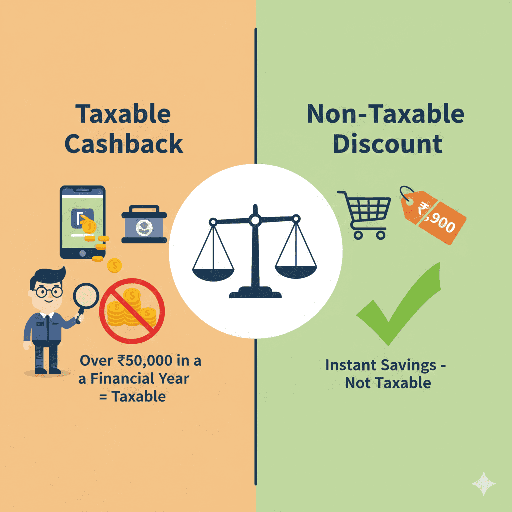 Split comparison showing taxable cashbacks flowing to bank account versus non-taxable instant discounts on purchases, explaining tax implications