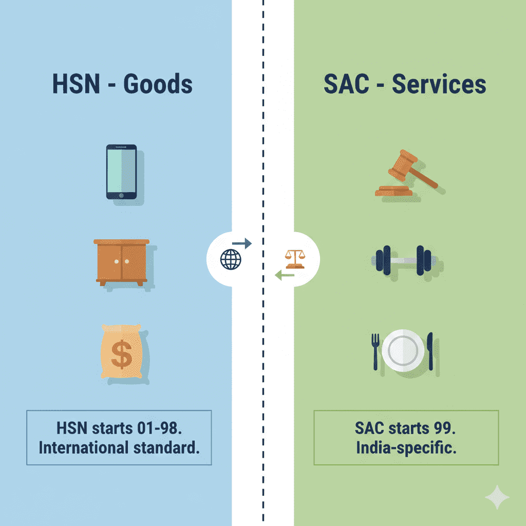 Split infographic comparing HSN codes for goods and SAC codes for services with key differences highlighted