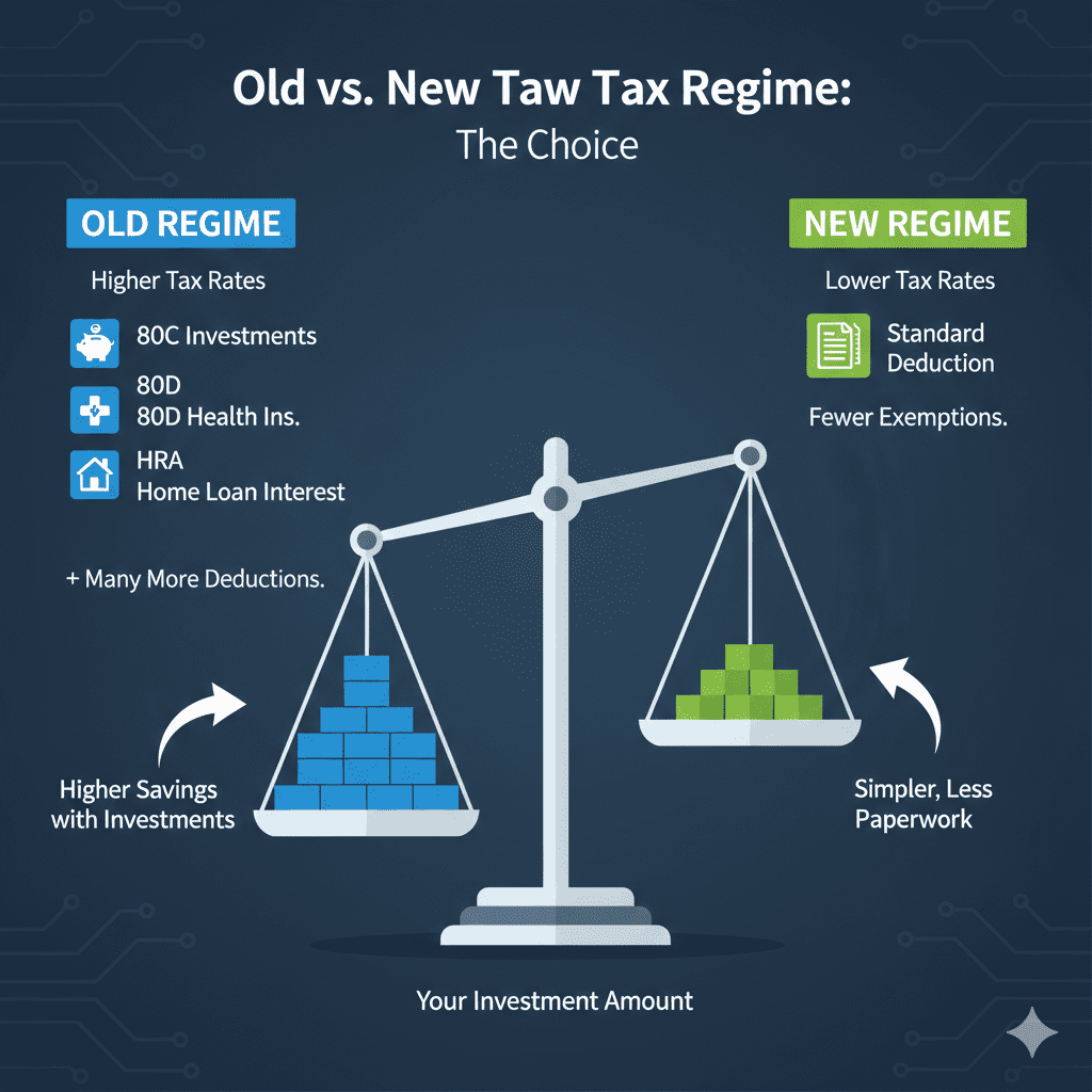 Split infographic comparing old tax regime with deductions and new tax regime with lower rates for beginners