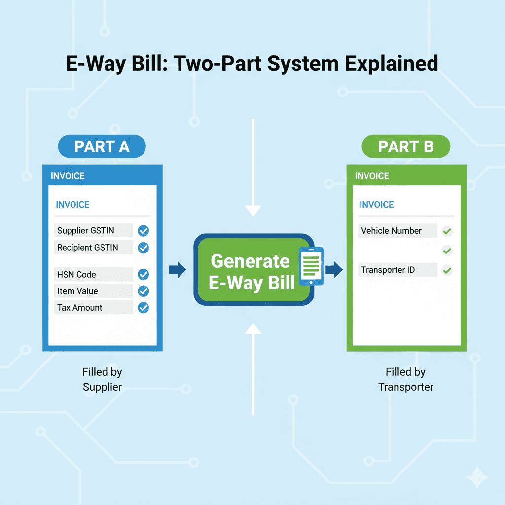Split infographic showing Part A (invoice details) and Part B (vehicle details) of e-way bill form