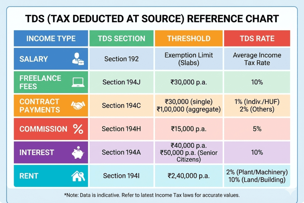 Table infographic showing TDS rates and thresholds for different types of part-time income
