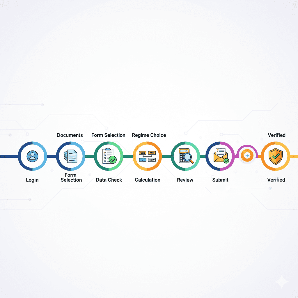 Ten-step illustrated journey showing ITR filing process from login to e-verification