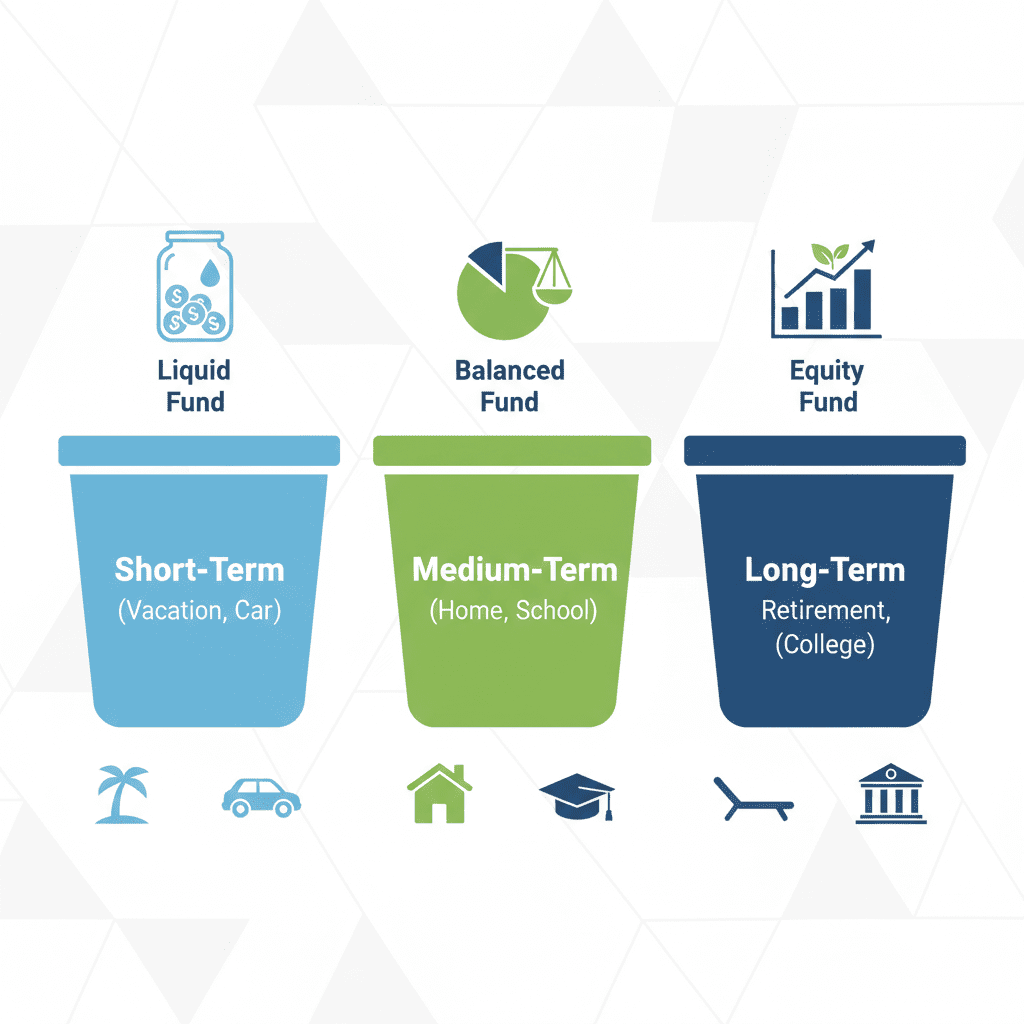Three colored buckets representing short-term, medium-term and long-term goals with suggested investment types for each