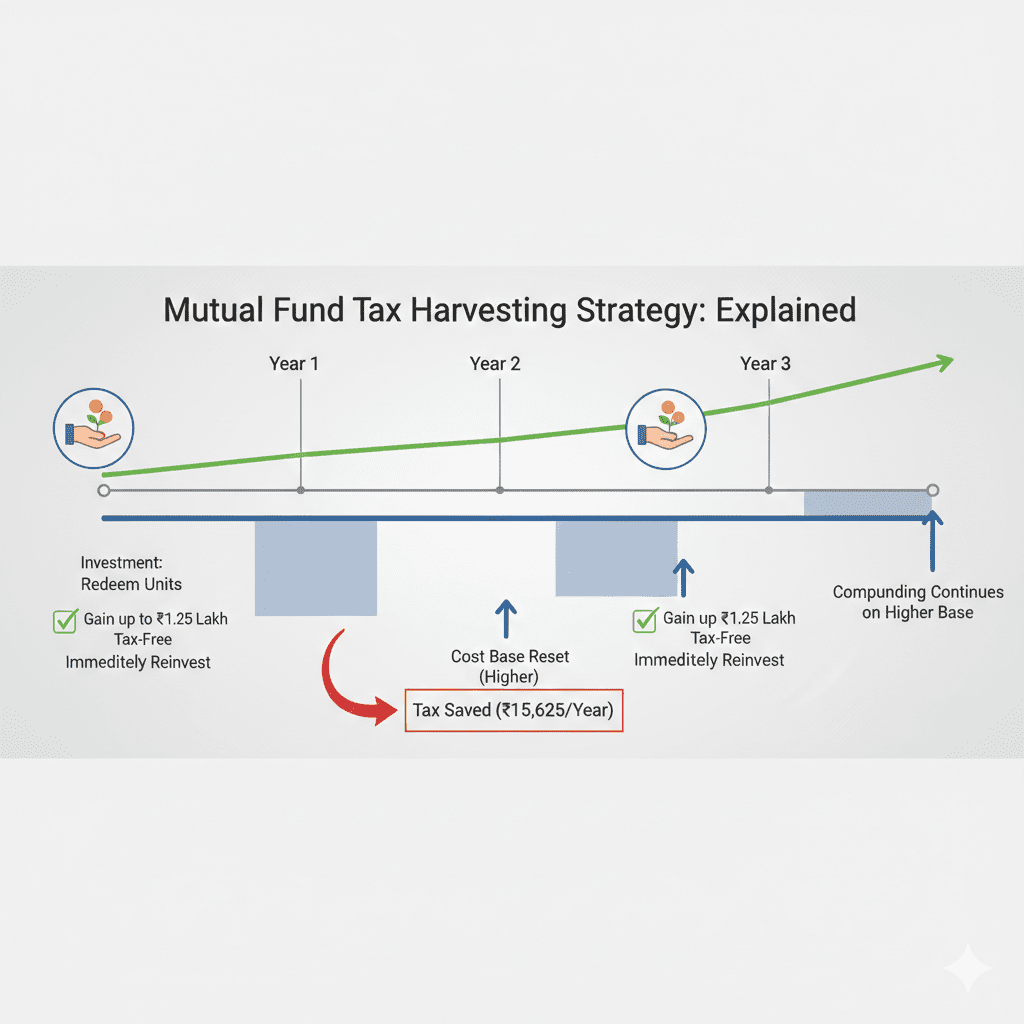 Timeline diagram showing tax harvesting strategy over three years with annual redemptions and reinvestments
