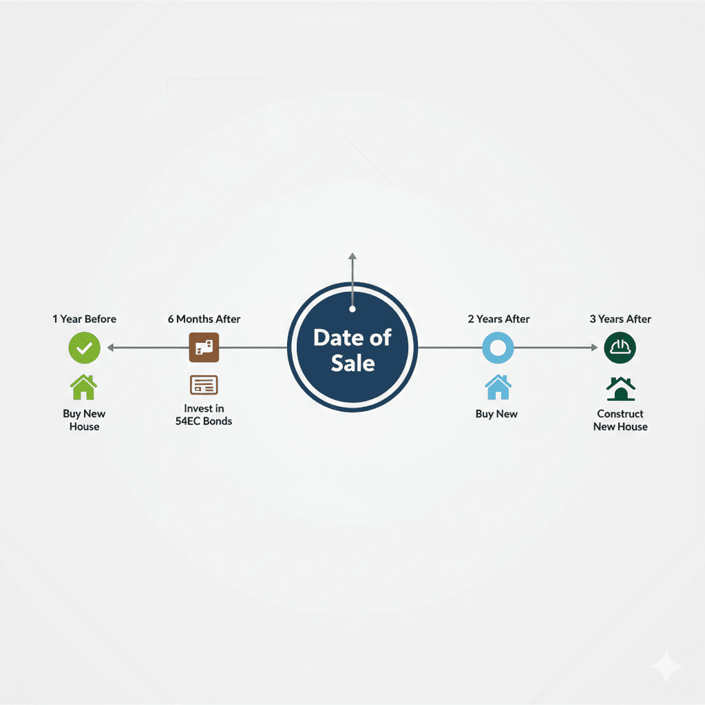 Timeline infographic showing deadlines for capital gains exemptions under Sections 54 and 54EC for property sales.