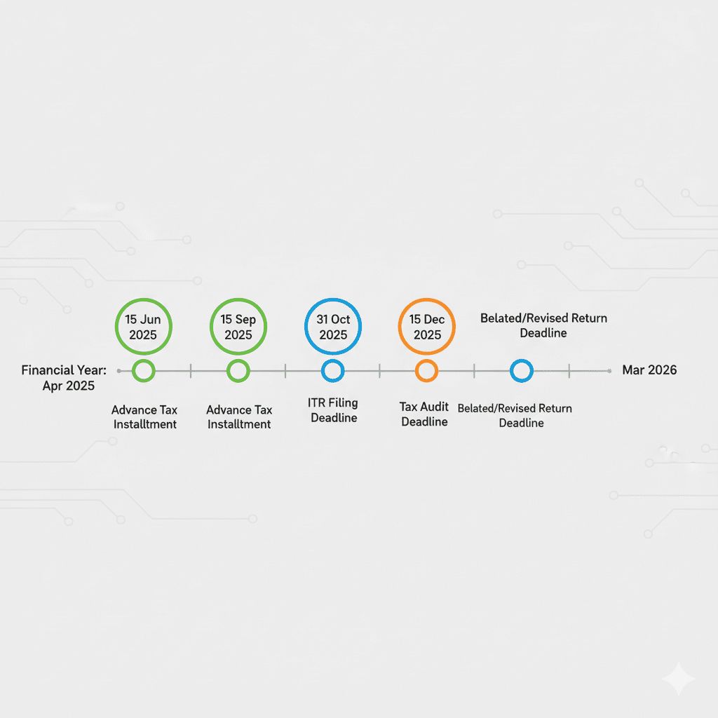Timeline infographic showing income tax deadlines for advance tax, ITR filing, audit and belated returns for FY 2025-26
