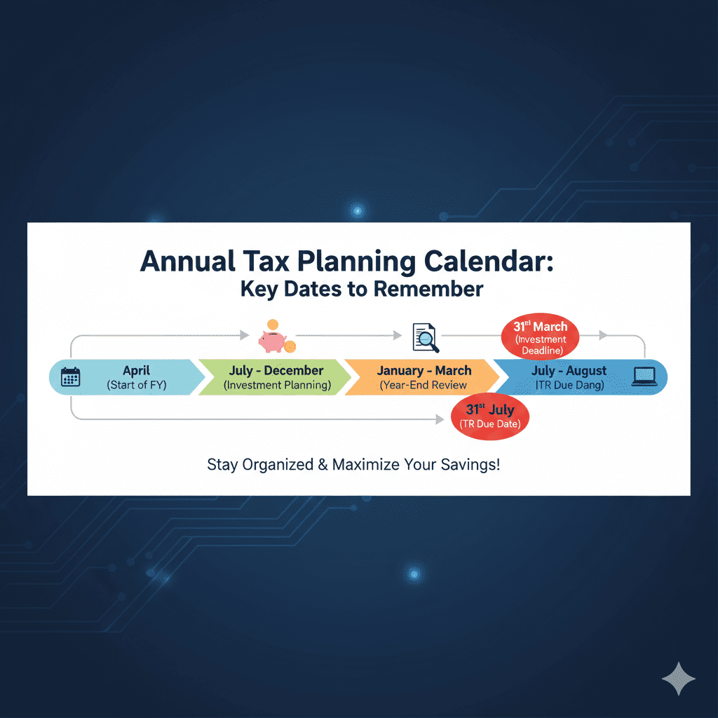 Timeline infographic showing tax planning activities across financial year for beginners