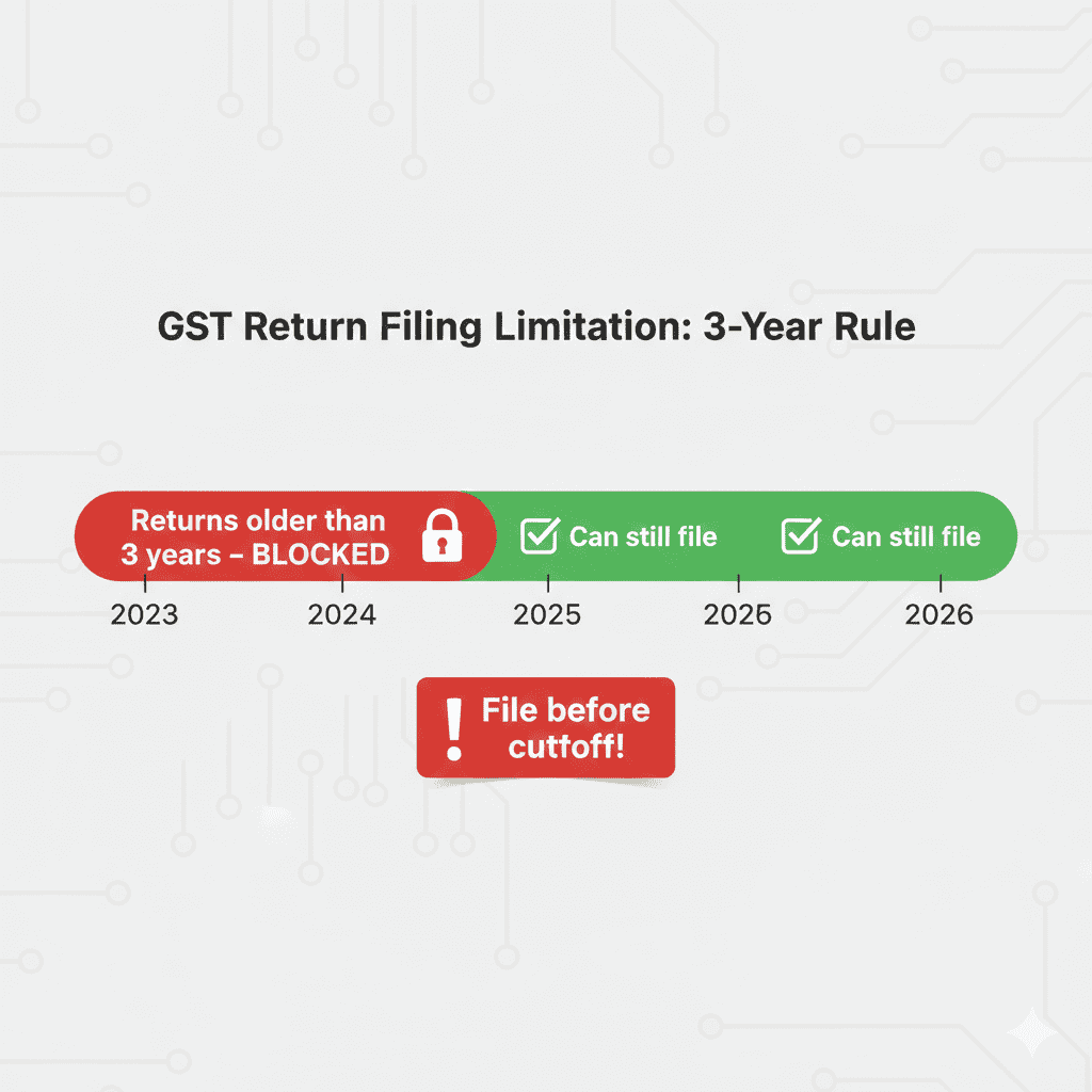 Timeline showing three-year rule for GST return filing – returns older than 3 years permanently blocked