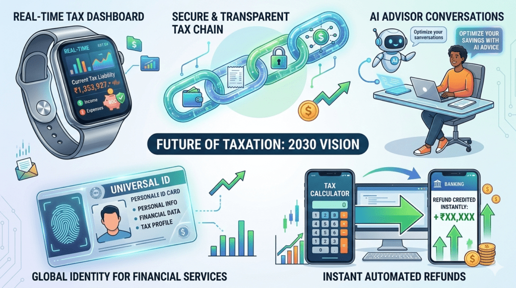 Vision board showing future of taxation in 2030 with real-time filing, blockchain, AI advisors and instant refunds