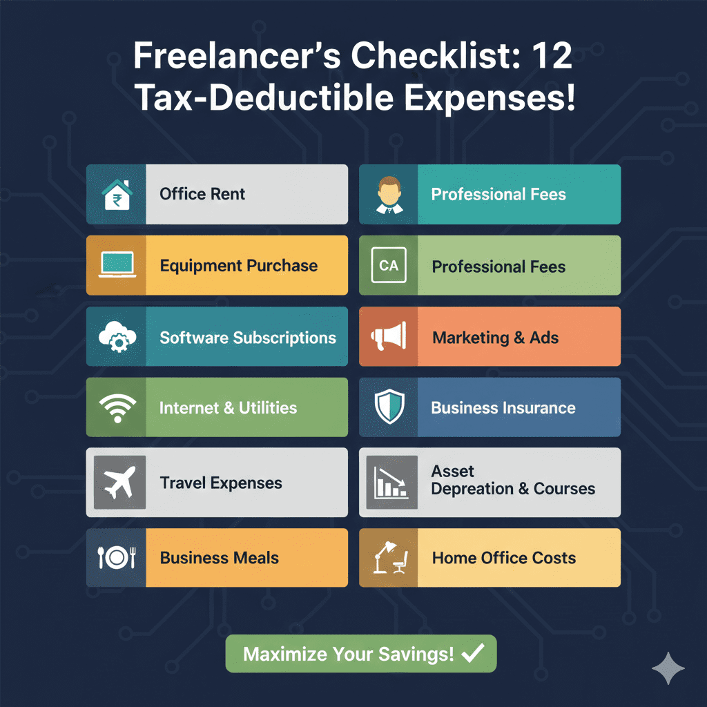 Visual checklist of 12 allowable business expenses for freelancers including rent, equipment, software and travel