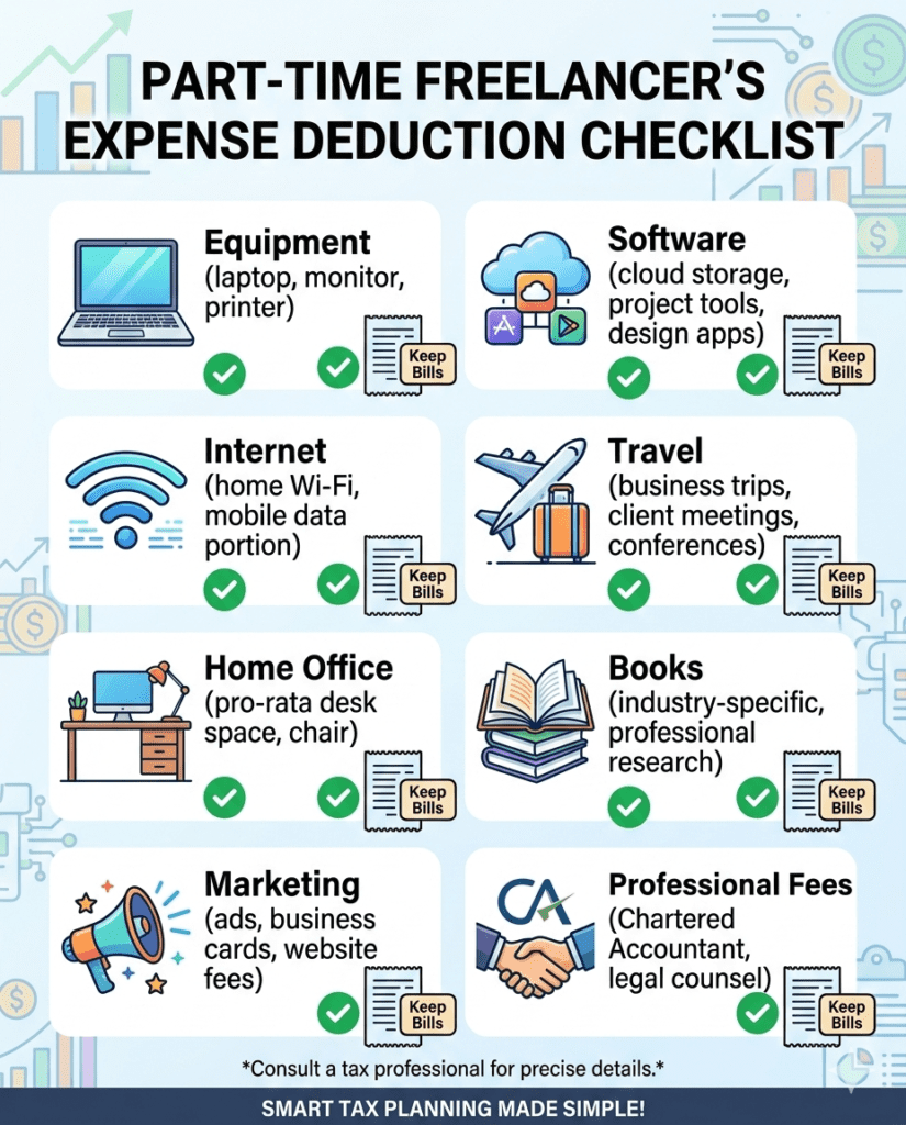 Visual checklist of deductible expenses for part-time freelancers including equipment, software and travel