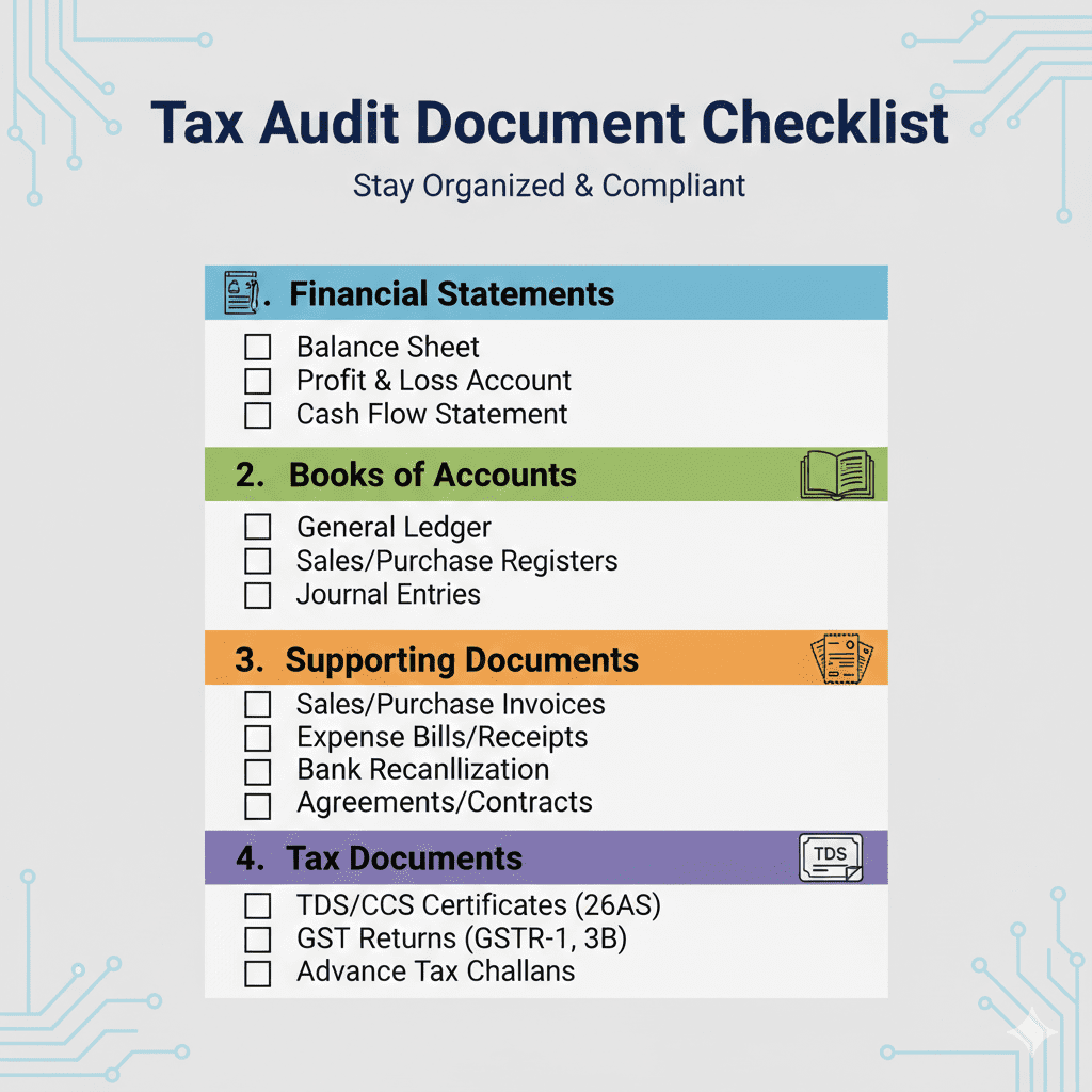 Visual checklist of documents required for tax audit including financial statements, books of accounts and supporting documents
