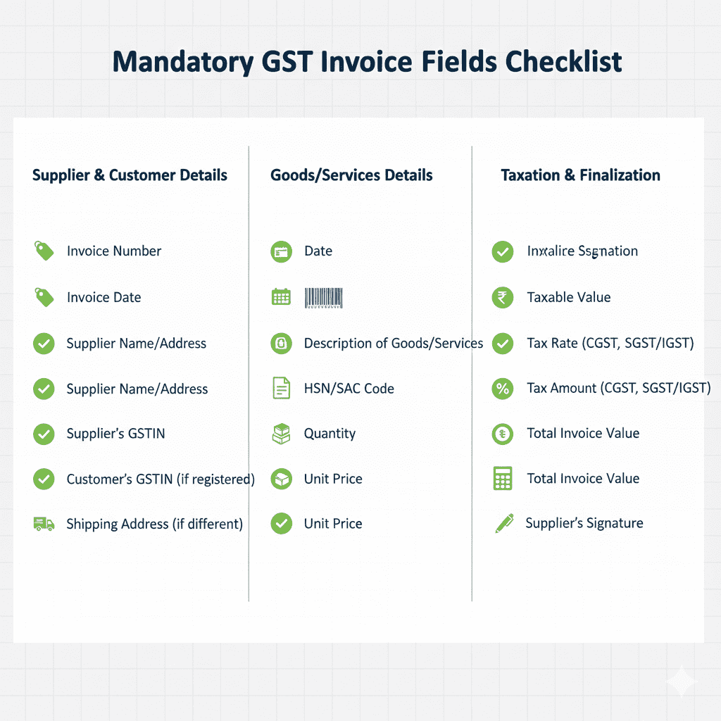Visual checklist showing 16 mandatory fields required in a GST-compliant invoice with icons for each field