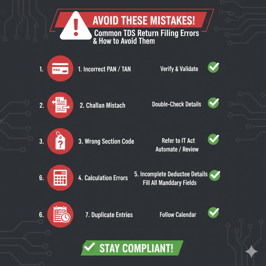 Visual checklist showing 7 common TDS return errors with icons and avoidance tips