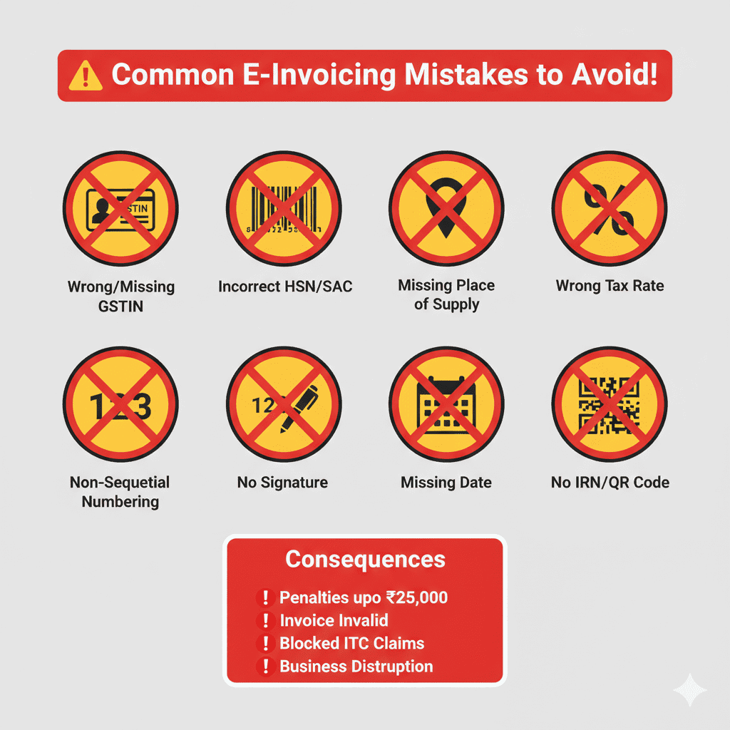 Warning infographic showing 8 common GST invoice mistakes and their penalty consequences