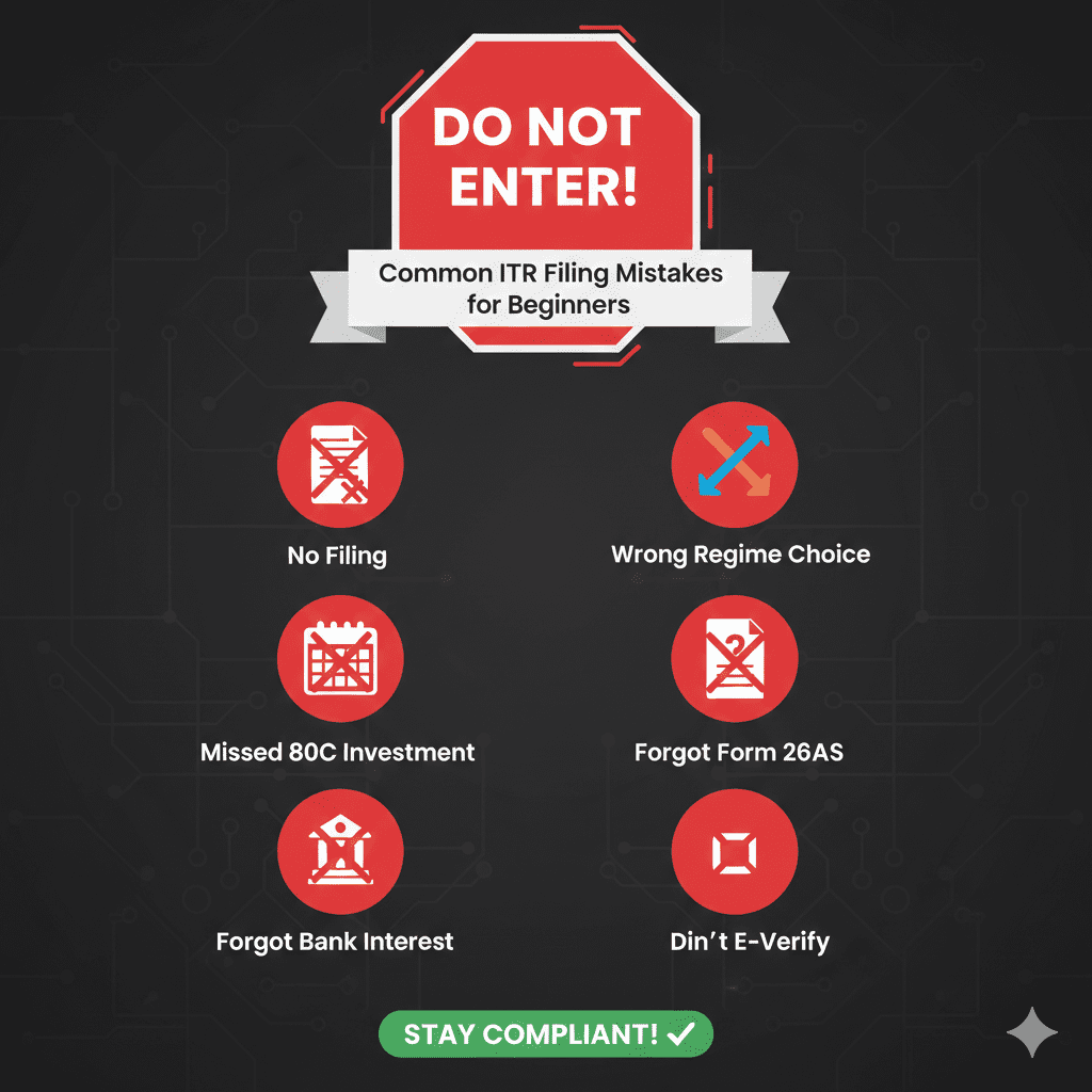Warning infographic showing common tax mistakes beginners make with red X icons