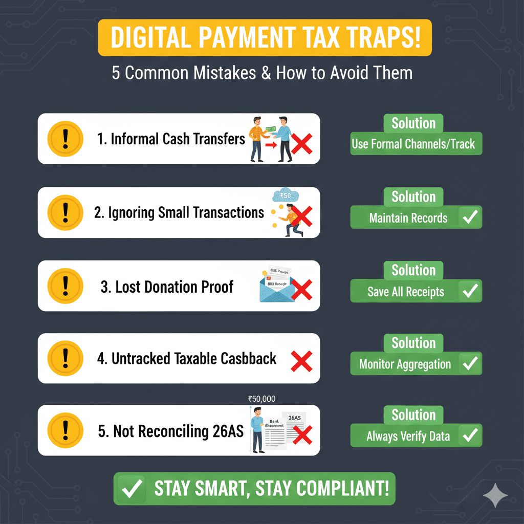 Warning infographic showing five common mistakes in digital payment tax claims including unverified payments, ignored small transactions, and unreconciled 26AS data